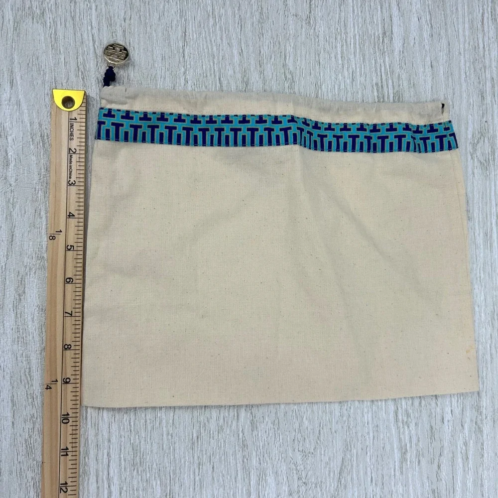 Tory Burch Cosmetic Pouch‎ Travel Bag Drawstring Logo Charm Canvas Beige Blue